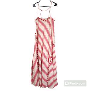 Dodo Bar Or Red Cream Bias Stripe Maxi Dress w/ Tassels Cotton Sundress S